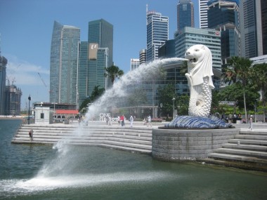 Merlion Park with city skyline in background