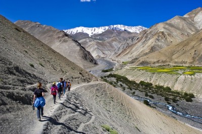 India, Ladakh, Rumbak Village. National Geographic Student Expeditions trek. Students trekking in valley.